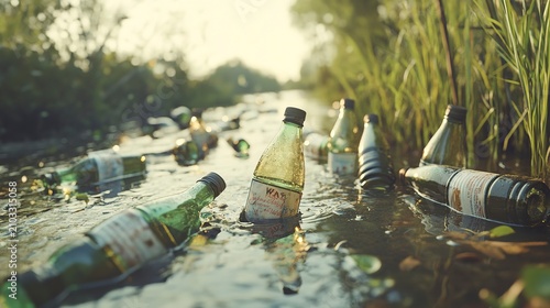 Bottles float on a slow-moving stream surrounded by lush green grass and tall plants. The sun casts a warm glow, highlighting the environmental issue of plastic waste