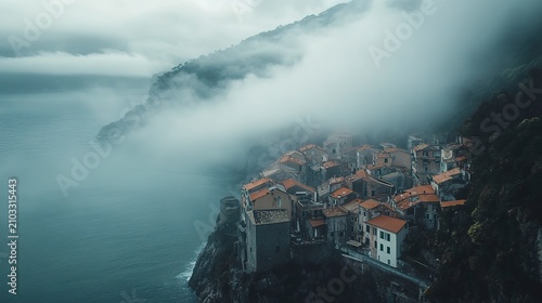 Nestled atop rocky cliffs, charming houses with orange roofs peek through the fog, creating a mystical atmosphere by the vast waters. The gentle waves lap against the shore in this serene location