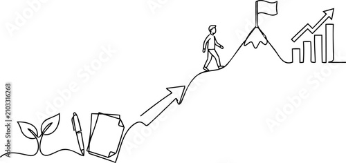 Continuous one line drawing of generic business growth success chart mountain climb and career goal concept vector