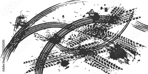 Bild auf Leinwand Black tire tracks and skid marks pattern with grunge ink splatters for automotiv