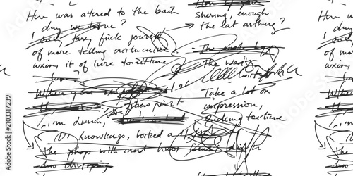Cuadro en lienzo Messy handwritten notes with black ink scribbles and crossed out sentences on a