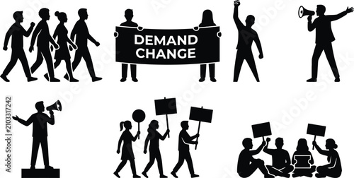 Protest silhouettes with signs and banners. People demonstrating for social justice rights.