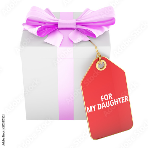 Gift box for daughter with red tag. 3D rendering