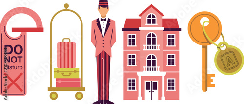 Bild auf Leinwand Luxury Hotel Service and Hospitality Vector Icon Set with Bellboy Luggage Cart D