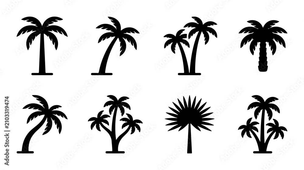 Naklejka premium Palm Tree Silhouettes: Tropical Vector Icons for Summer Beach and Vacation Designs