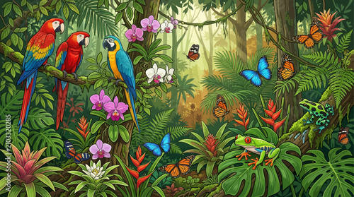 Foto Colorful Tropical Rainforest Illustration with Exotic Parrots, Butterflies, and