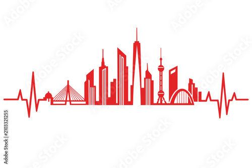 Flat vector EPS illustration of red ECG heartbeat line forming city skyline silhouette, concept of urban pulse and healthcare in the city