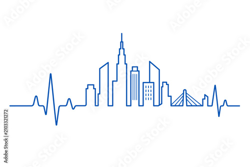 Modern minimalist vector EPS illustration of single line ECG heartbeat forming city skyline, concept of urban pulse and healthcare technology