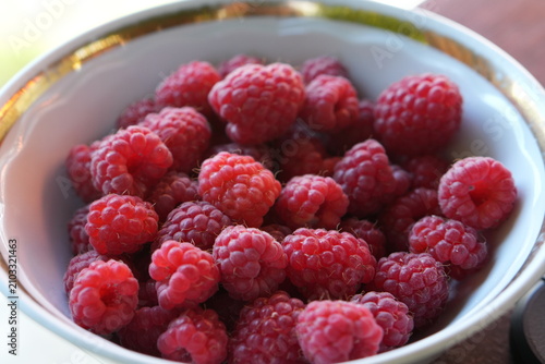 Juicy Red Raspberries in a White Bowl Healthy Summer Dessert Snack