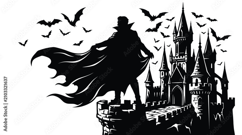 Fototapeta premium A mysterious vampire count wearing a flowing cape stands proudly upon a tall stone castle tower