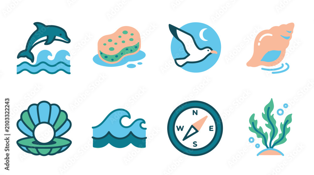 Fototapeta premium Set of Flat Marine Icons Featuring a Dolphin Seagull Seashell Pearl Wave and Compass
