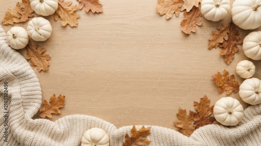 Obraz premium Autumn flat lay with white pumpkins oak leaves and cozy knit sweater