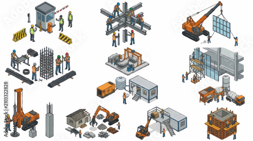 Fotografie Colorful Isometric Construction Site and Industrial Equipment Scene