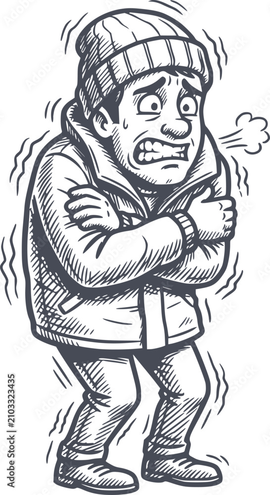 Fototapeta premium hand drawn illustration of a man shivering from extreme cold wearing a winter hat and jacket, black fill style without white fills, symbol of freezing weather