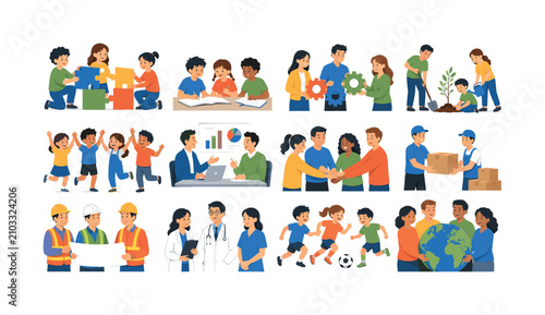 Diverse people collaborating in various professional and recreational activities