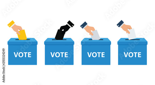 Four Vote Boxes Illustration Showing Ballots Being Cast in a Voting Scene.