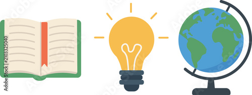 Education UI Illustration Set with Book, Globe and Knowledge Symbols – Modern Learning Icons