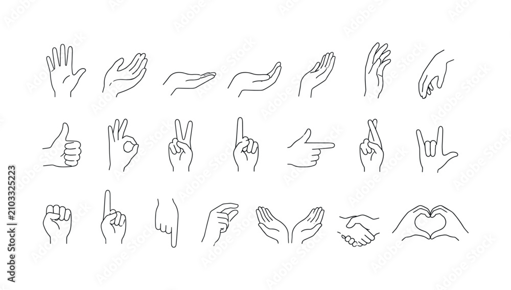 Fototapeta premium Collection of thin outline hand gesture icons with open palms and various symbols