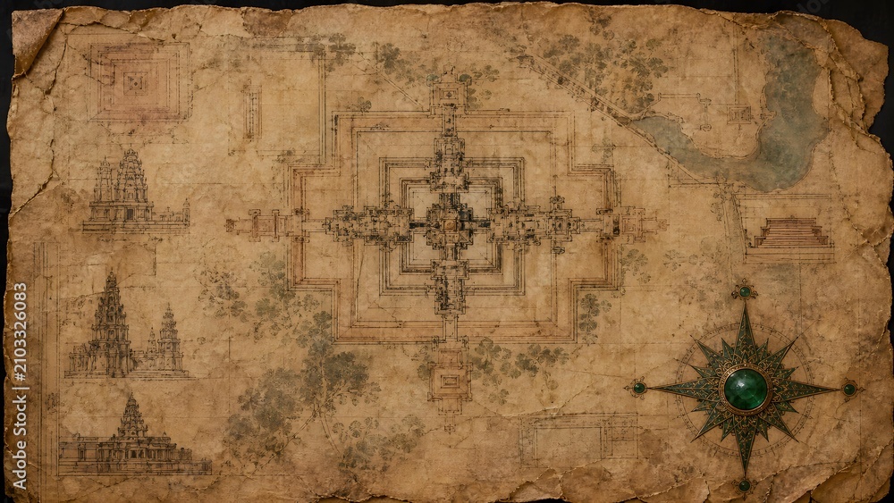Fototapeta premium Ancient Khmer Angkor Temple Blueprint Layout Plan Map On Weathered Grungy Parchment Paper Illustration