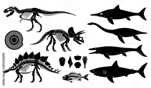 Konstfotografi Prehistoric Fossil Skeleton and Marine Reptile Vector Collection EPS