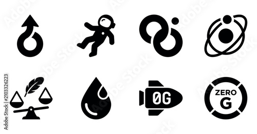 Canvastavla Set of black vector icons representing zero gravity weightlessness space science and physics concepts Minimal solid fill icon set bundle collection