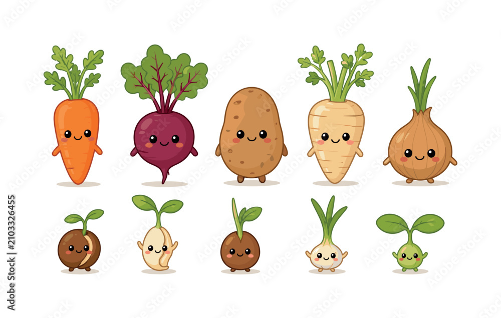 Fototapeta premium Cute root vegetable and sprout characters in simple brown and green shapes, root vegetables, sprouts, cute characters, plants,