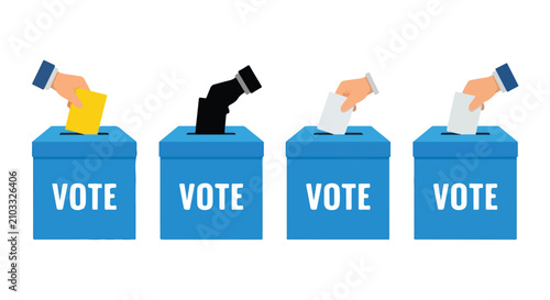 Four People Casting Ballots into Bright Blue Boxes in a Sequence Emphasizing Democratic Participation.
