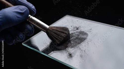 Fingerprint Dusting: A gloved hand carefully dusts a glass surface to reveal a latent fingerprint, a close-up view of a forensic investigation.