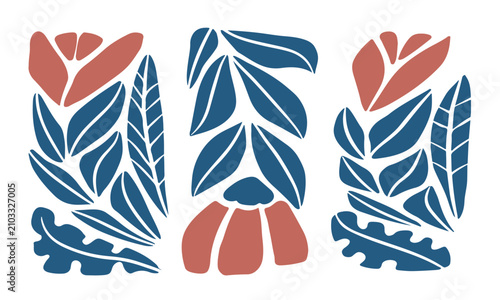 Abstract art of red flowers and blue leaves. transparent Background.