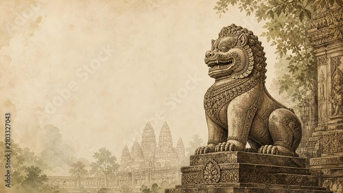 Weathered Khmer Guardian Lion Statue Sketch With Angkor Wat Temple Spire Illustration