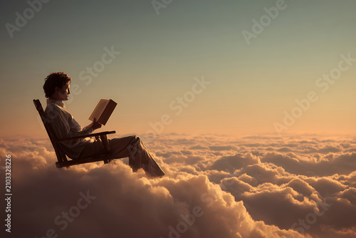Person Reading a Book While Sitting on a Chair Above the Clouds at Sunset.