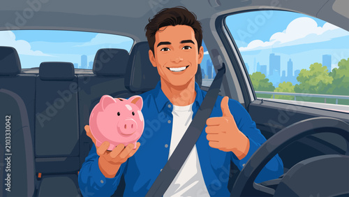 Man in car holding piggy bank and giving thumbs up, symbolizing savings