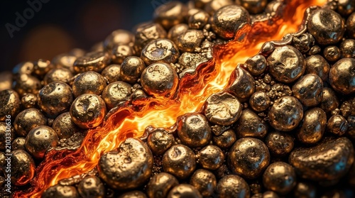 Orange glowing crack through golden beads for a macro energy abstract texture. Fused metallic grains for jewelry design and