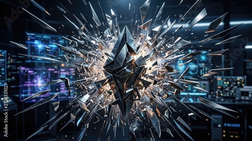 Radial explosion of metallic shards, sleek dark geometric shape with sharp points and reflective surfaces, professional commercial