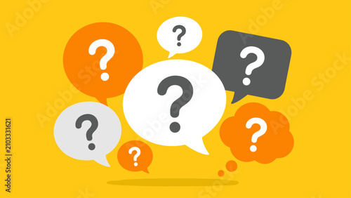 Question mark speech bubbles on yellow background with inquiry concept, question, bubbles, speech, yellow, inquiry, help, confusion, FAQ, symbols, communication, marks, problem,