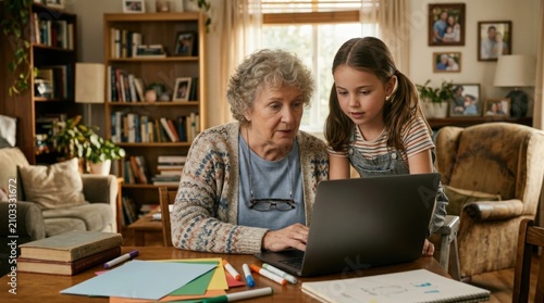 grandmother helping granddaughter with homework on laptop at home