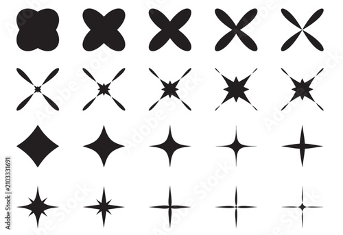 Collection of black sparkle and star light flare shapes with silhouette