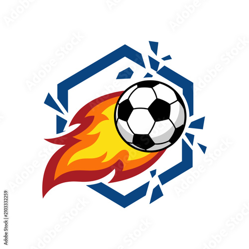 A dynamic image of a soccer ball propelled by flames, shattering glass around it, illustrating the energy and excitement of sports and competition.