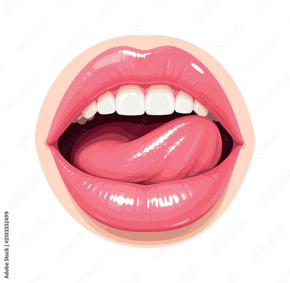 Obraz premium Close-up of glossy pink lips with tongue sticking out and white teeth