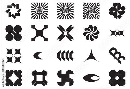 Set of diverse black geometric shapes and abstract symbols for graphic design