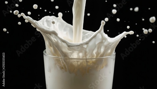 Milk being poured into a glass of milk on a black background