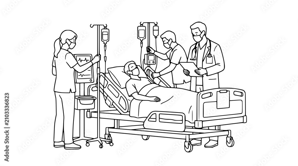 Obraz premium Medical Team Caring for Patient in Hospital Room Line Art