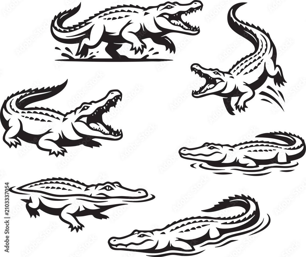 Naklejka premium A set of crocodiles. Hand drawn vector illustration 