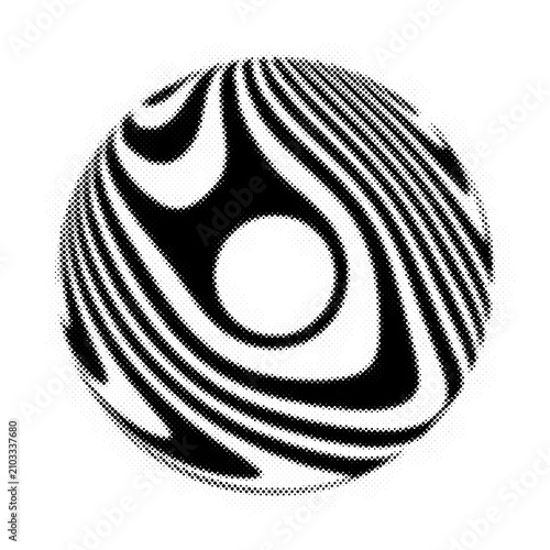 Abstract halftone pattern sphere with swirling lines and a central circular void creating a dynamic optical illusion effect transparent background