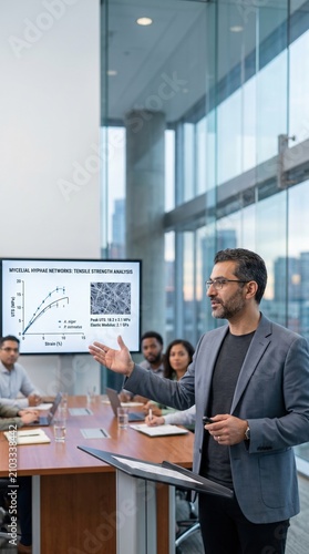 A man passionately presents his innovative research findings to a group of engaged colleagues in a sleek conference room, with a vibrant city viewed through large windows.