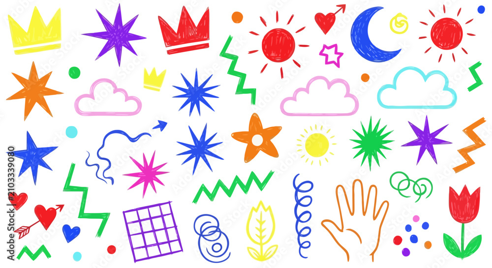 Fototapeta premium Vibrant and Playful Hand-Drawn Doodle Icons Collection with Diverse Shapes and Symbols for Creative Design Projects