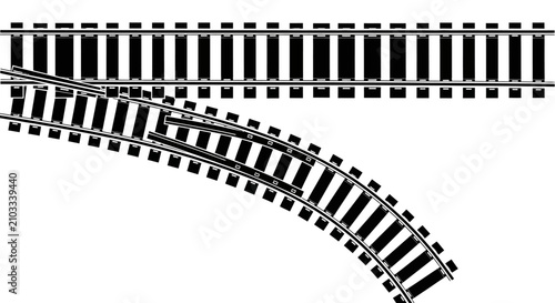 Dynamic illustration of diverging train tracks with a switch, representing choice, alternative routes, and strategic decisions in rail transport infrastructure design
