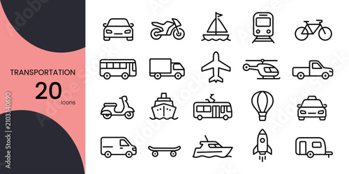 Quadro em tela Collection of twenty black line icons representing various modes of transportati