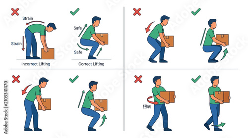 Illustration comparing correct and incorrect heavy lifting techniques for safety