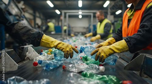 Workers sorting plastic bottles in a recycling facility for ecofriendly processing